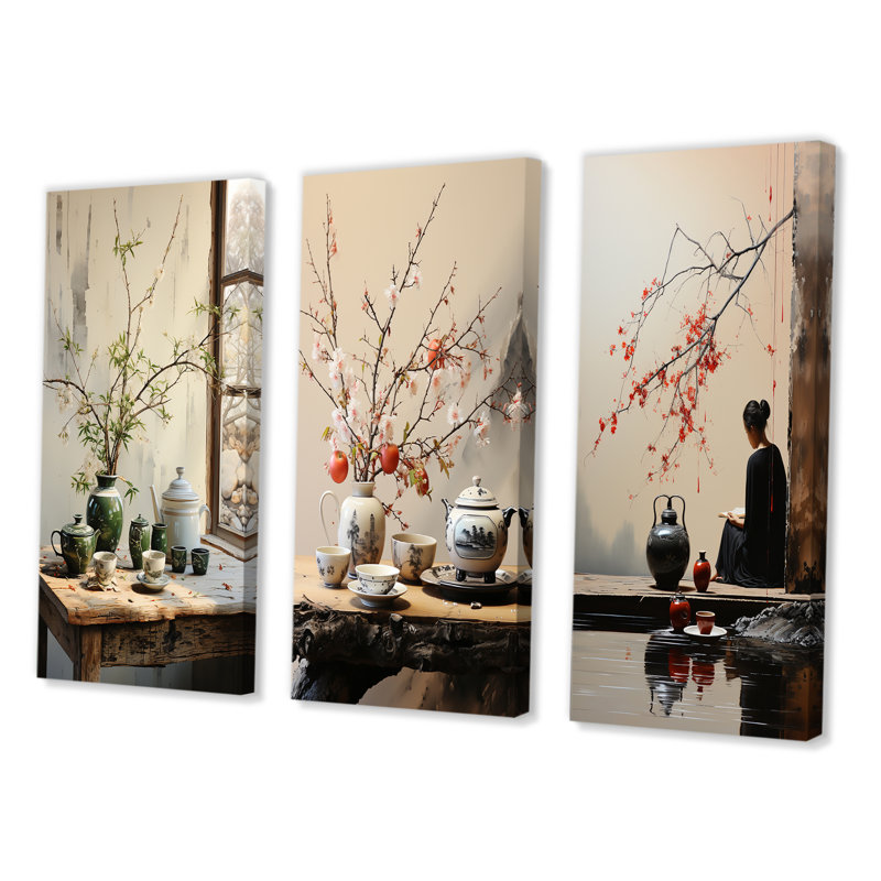 "Japon Art Tea Cerémonie", 3 pièces sur toile, H 32 po x l 48 po, Toile tendue