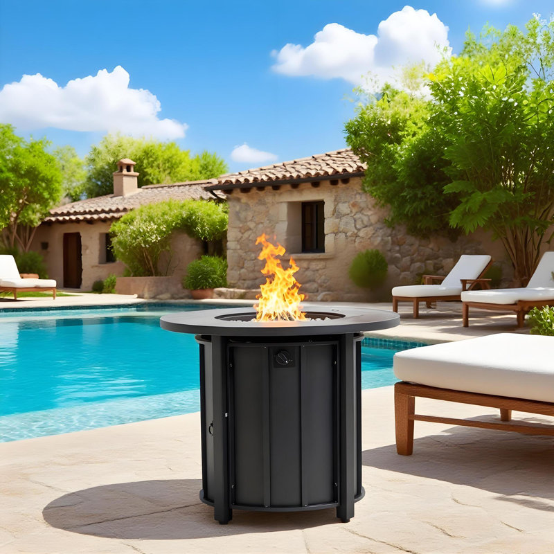 Outdoor Round Propane Fire Pit Table (26" H x 30" W) with Wood Grain Ceramic Surface, Metal Protective Lid, Glass Rocks and Concealed Gas Tank Space