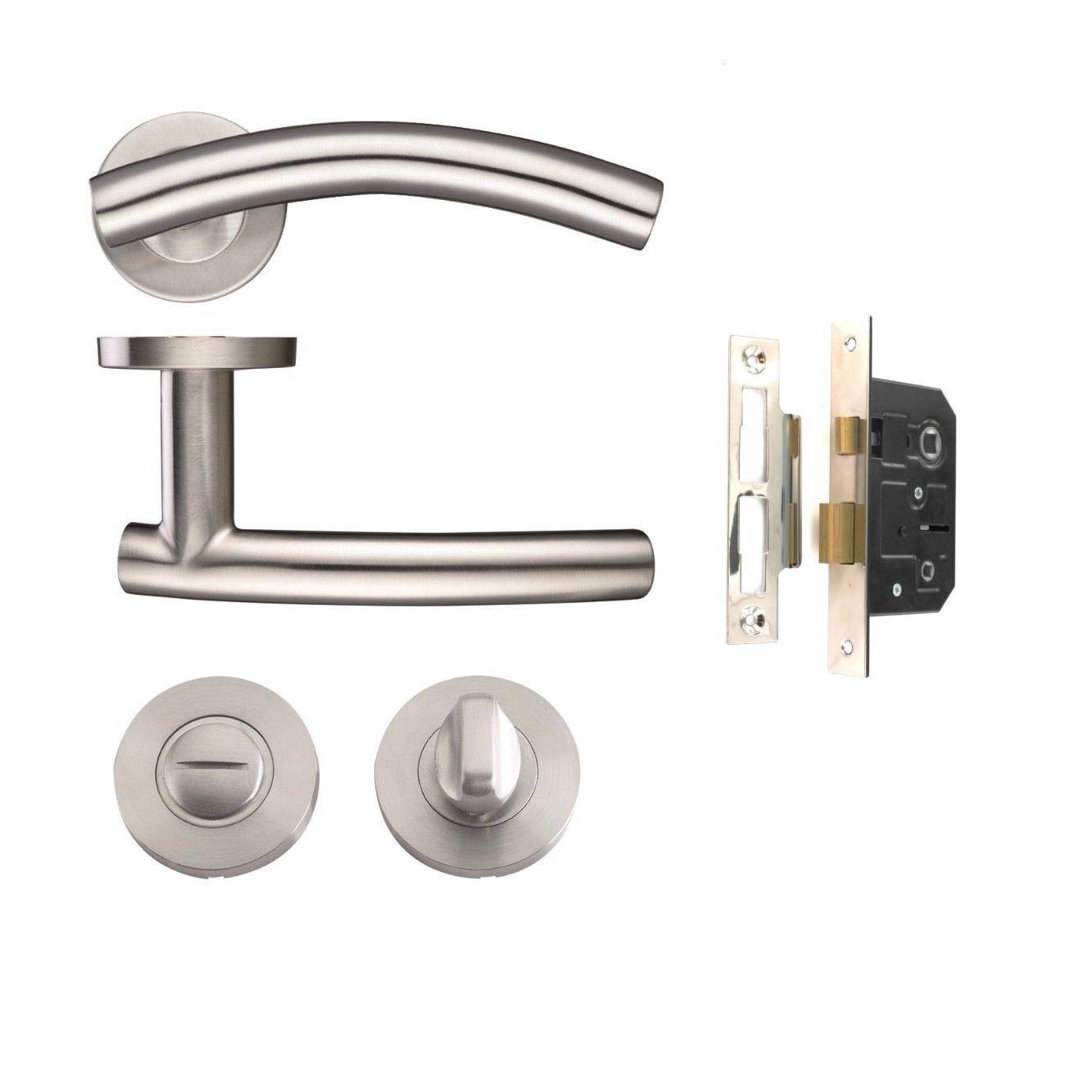 Golden Grace Arched T-Bar Bathroom Door Handle Lever on Round Rose Furniture in Stainless Steel Finish with Screws and Fixings