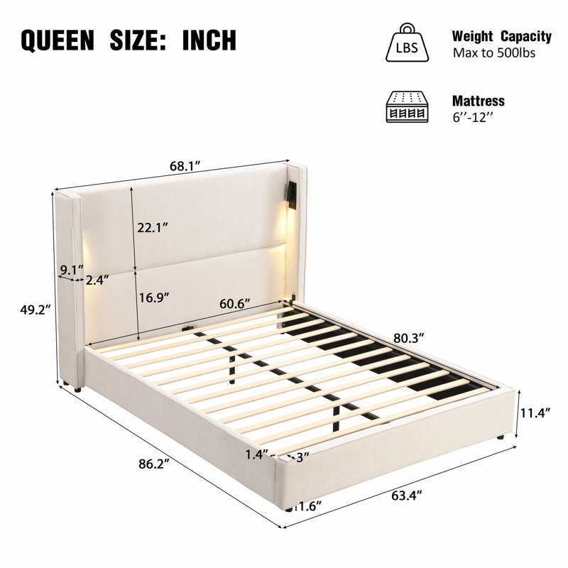 Upholstered Bed Frame with Reading Lamp and USB port, Queen