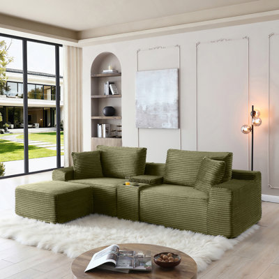 Canapé modulaire modulaire avec assise profonde, tissu en velours côtelé, porte-gobelets, ports USB, boîte de rangement et repose-pieds mobile pour le confort du salon
