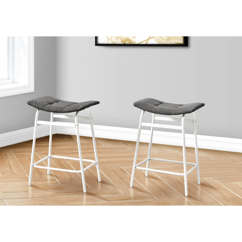 Modern Kitchen Of 2 Counter Height With Grey Fabric Upholstery And White Metal Legs, Backless Saddle Style, 18 In. L X 12.44 D 24.5 H, 200 Lbs Each Contemporary Legs For Kitchen, Design, Padded