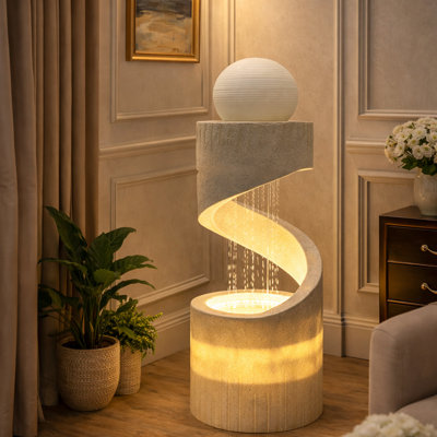 Grande fontaine en spirale moderne avec lumières DEL et orbe, chute d'eau de 112 cm, décoration de maison ou de bureau