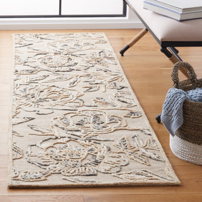 Tapis floral beige / gris en laine / coton touffeté à la main Trace