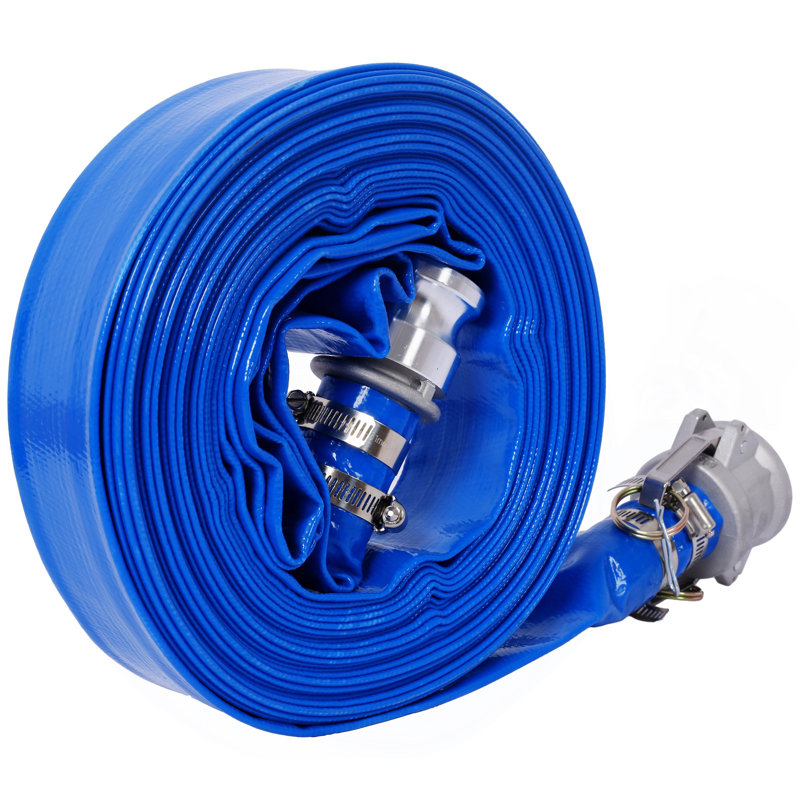 1.5" ID × 50 Ft Pool Backwash Hose, Heavy Duty Reinforced Blue PVC Lay Flat Water Discharge Pump Hoses For Swimming Drain Pools And Clean Filters, With Aluminum Camlock C And E Fittings