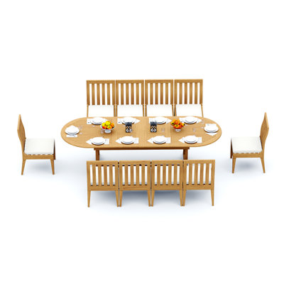 12 Seats 13 Pcs Grade-A Teak Wood Dining Set: 118" Double Extension Mas Oval Trestle Leg Table And 12 Caranas Armless Chairs #11Ca2700