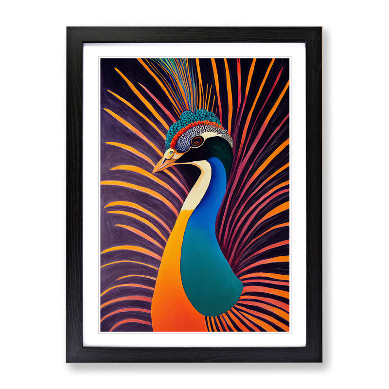 Bold Peacock Art No.7 - Print, 48cm H x 36cm W, White, Black Framed