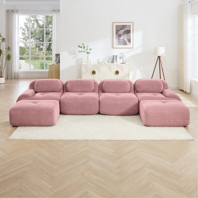 Canapé modulaire en forme de U sans assemblage en tissu de velours côtelé respirant 32D à haute élasticité, accoudoirs courbés extra larges, conception ergonomique adaptée aux animaux de compagnie pour les salons, les chambres à coucher, rose