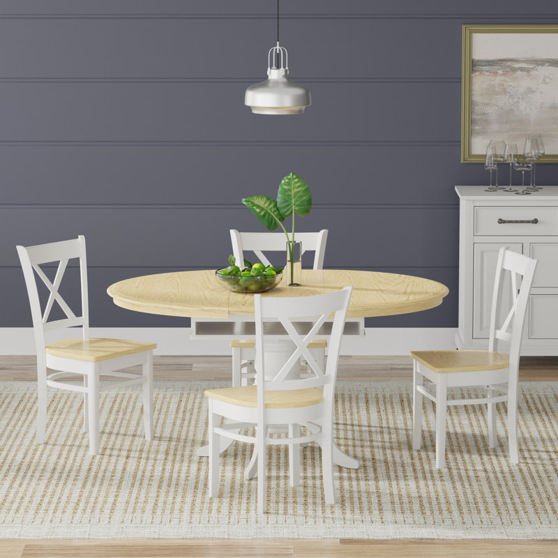 Kwok Solid Wood Solid Wood Top Pedestal Dining Set, 5 Piece Dining Set, White/Natural, Natural/White