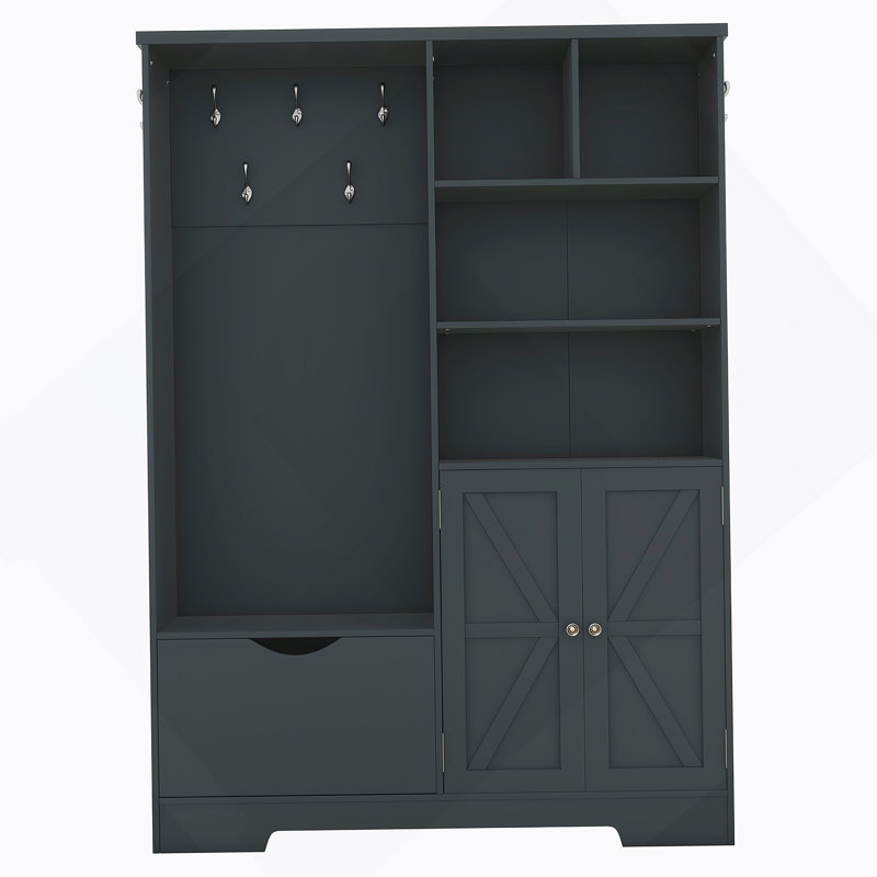 Hall Tree with Storage Bench, Shelves, Cabinets, Drawers, Hooks, Antique Blue