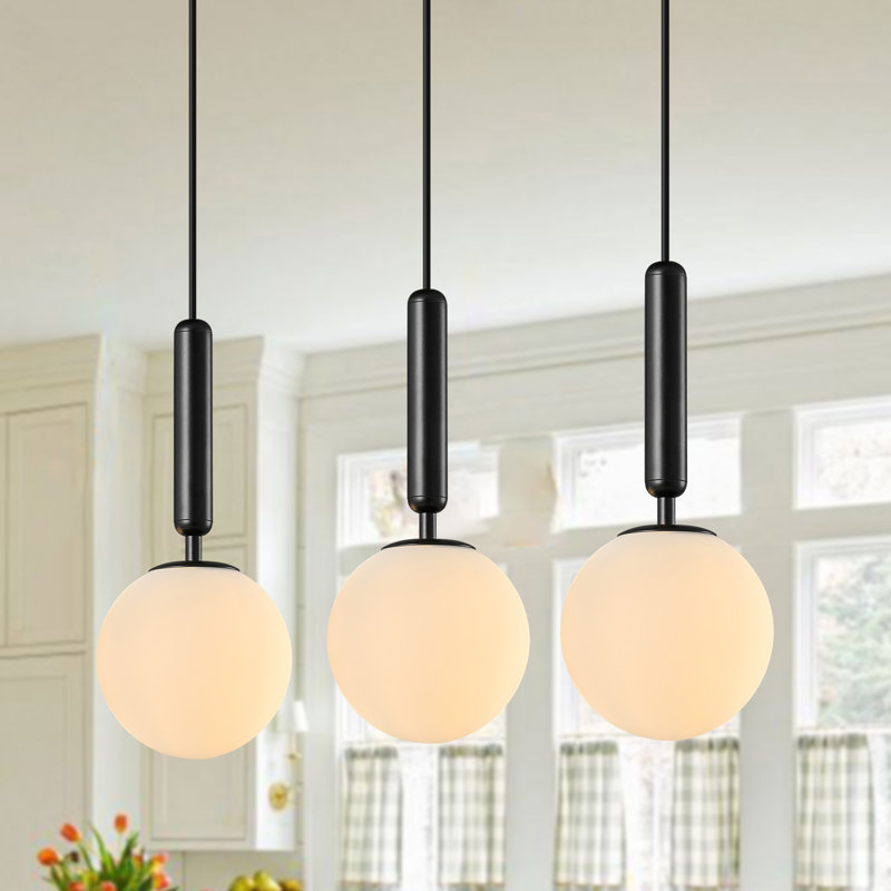 Luminaire suspendu Mid-Century moderne à 3 lumières avec globe en verre blanc laiteux pour îlot de cuisine