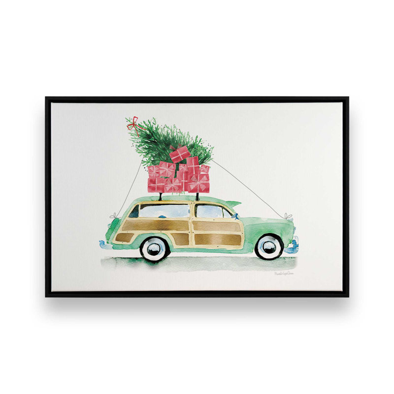 Impression de voiture de Noël rétro, Cadre noir, H 12,75 po x l 18,75 po x P 1,75 po