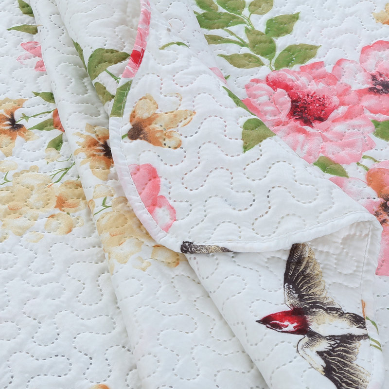 Ensemble de courtepointe 3 pièces ultra doux avec 2 taies décoratives en relief rose, motif floral et oiseaux rose pour grand lit Marina