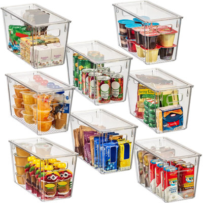 Modern Plastic Storage Bins With Lids Perfect Kitchen Organization Or Pantry Fridge Organizer, 8 Pack, Transparent, Rectangular, 12.5" X 6" X 7", 9L Capacity, 8 Compartments