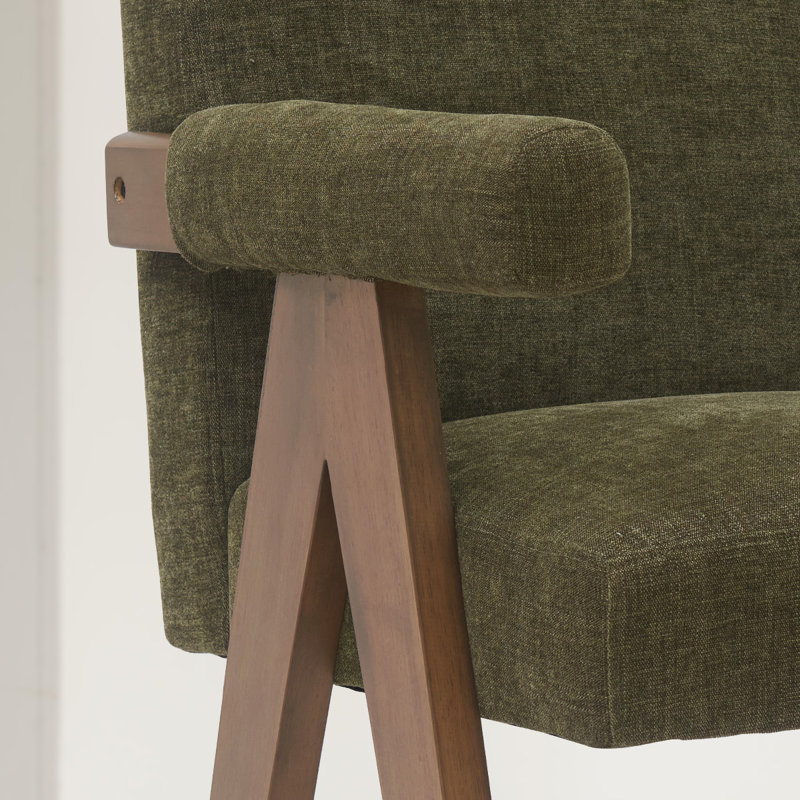 Occeus Set of 2 Full Back 25.5" Walnut Wood Upholstered Counter Stool With Arms, Green