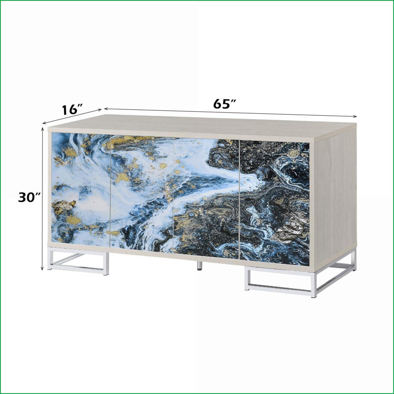Armoires | Marbre bleu marine & amp; Console au fini chrome argenté | Chêne blanc délavé | 4 portes et 2 tablettes | Salon | Multicolore