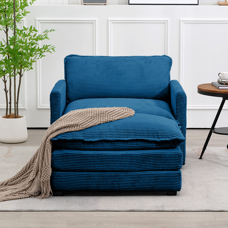 Fauteuil en velours côtelé avec repose-pieds Redenius, Velours côtelé bleu marine