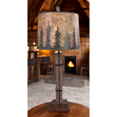 Twig and Leather Table Lamp w/ Rough Sawn Base and Pine Tree Shade