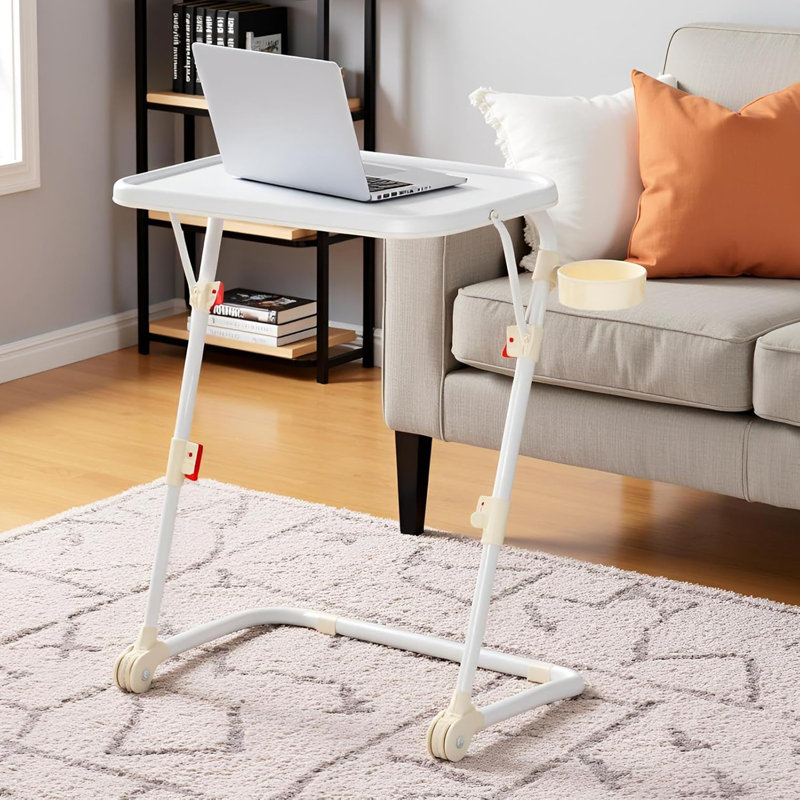 Bureau plateau télé avec porte-gobelet ajustable, Blanc