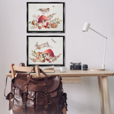Woodland Bird Rabbit Mushrooms   2 PC Framed Floater Canvas Set by Janice Gaynor