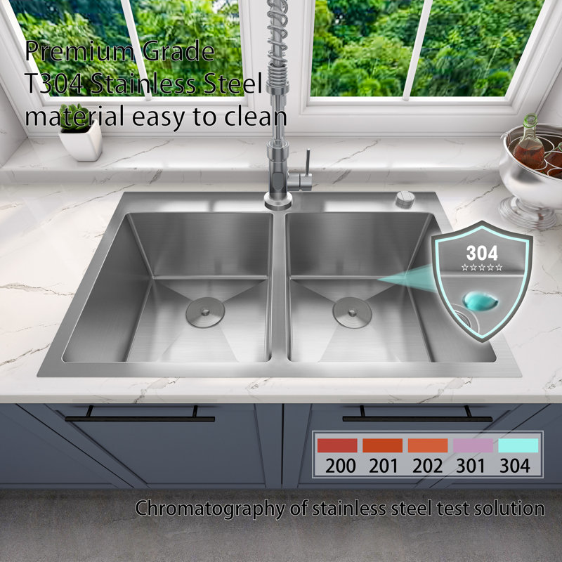 Sinber 33" Stainless Steel Double Bowl Drop-In Kitchen Sink