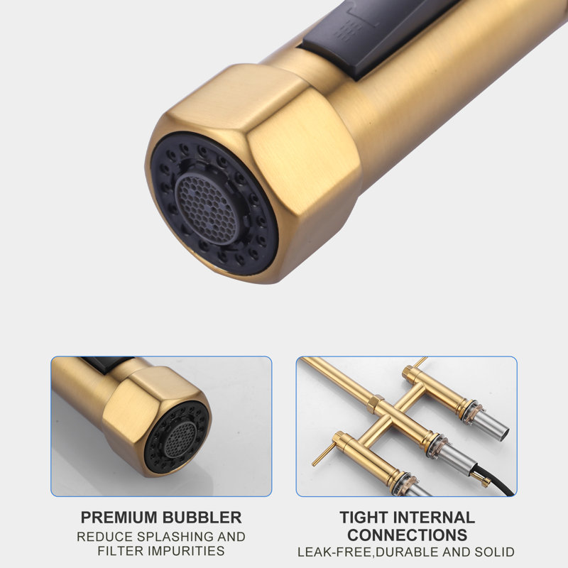 3 Holes Brass Double Handle Bridge Kitchen Faucet With 2-Mode Pull Down Sprayer And Supply Lines, Gold