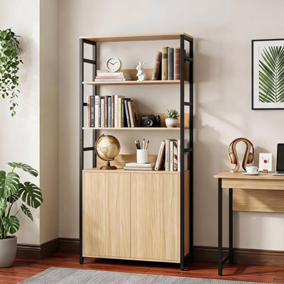 71" Tall Bookshelf with Doors Industrial Display Standing Shelf Rack with 3-Tier Shelves & Metal Frame, Bookcase with Adjustable Shelf and Protective Rails, Natural