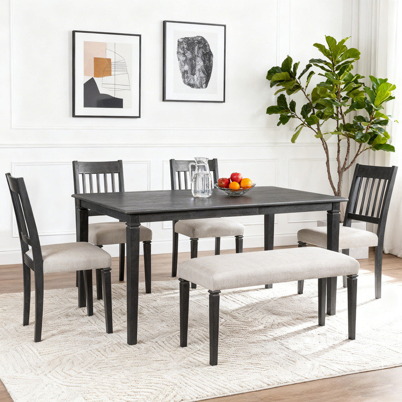 Ensemble de salle à manger 6 pièces avec table, 4 chaises et banc, ensemble de table de ferme pour petits espaces, Noir