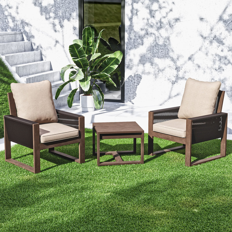 Ensemble de conversation en bois naturel pour 2 personnes avec table d'appoint, 2 fauteuils et coussins beiges, Beige