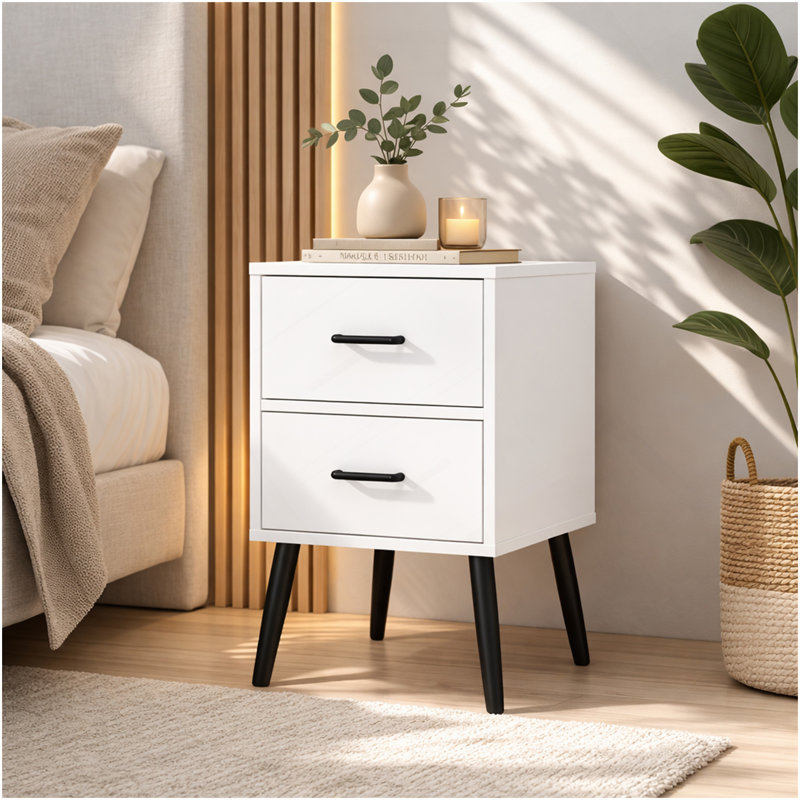 Table d'appoint moderne Ã  deux tiroirs avec pieds et poignÃ©es en mÃ©tal