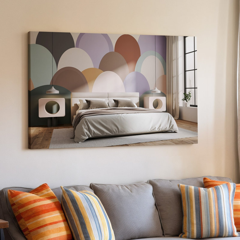 Reproduction d'art sur toile, une chambre à coucher contemporaine sereine avec un lit moelleux à profil bas avec une literie douce et neutre et deux grands coussins moelleux