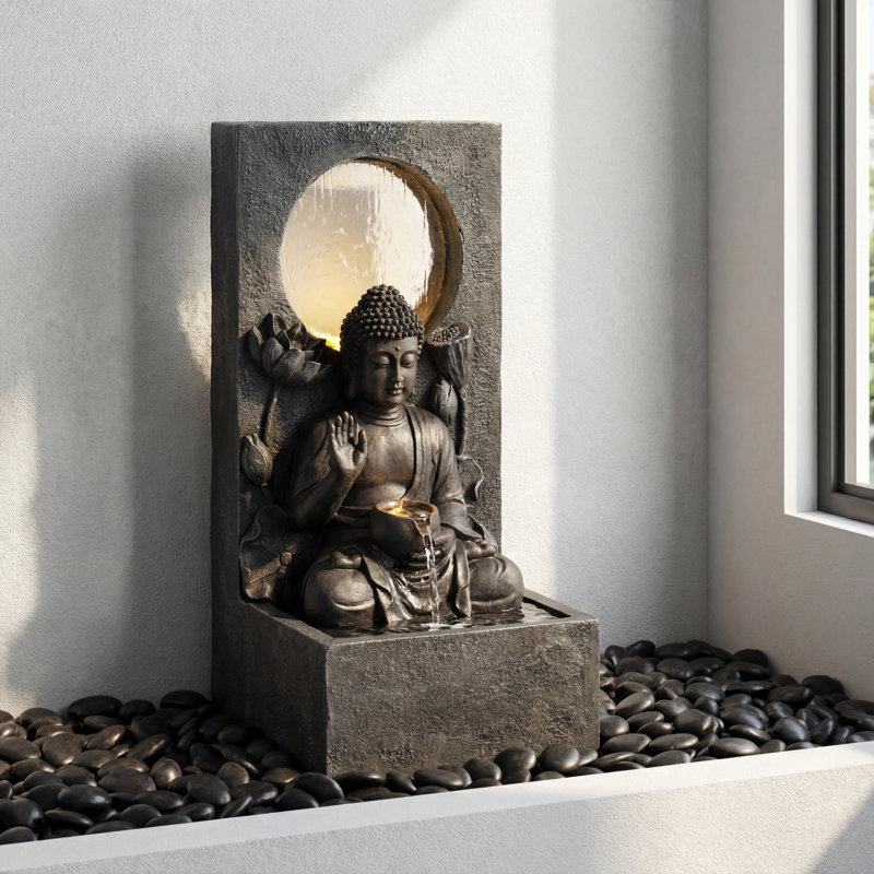Fontaine 28 po H 28 po en résine noire avec lumières DEL - Décoration Zen Fengshui, autoportante pour patio, jardin et maison