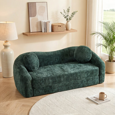 Canapé inclinable incurvé de 86 pouces convertible, canapé-lit pliant sans cadre 2 en 1 avec base coulissante et assise profonde, canapé inclinable en chenille à deux places, aucun assemblage requis vert