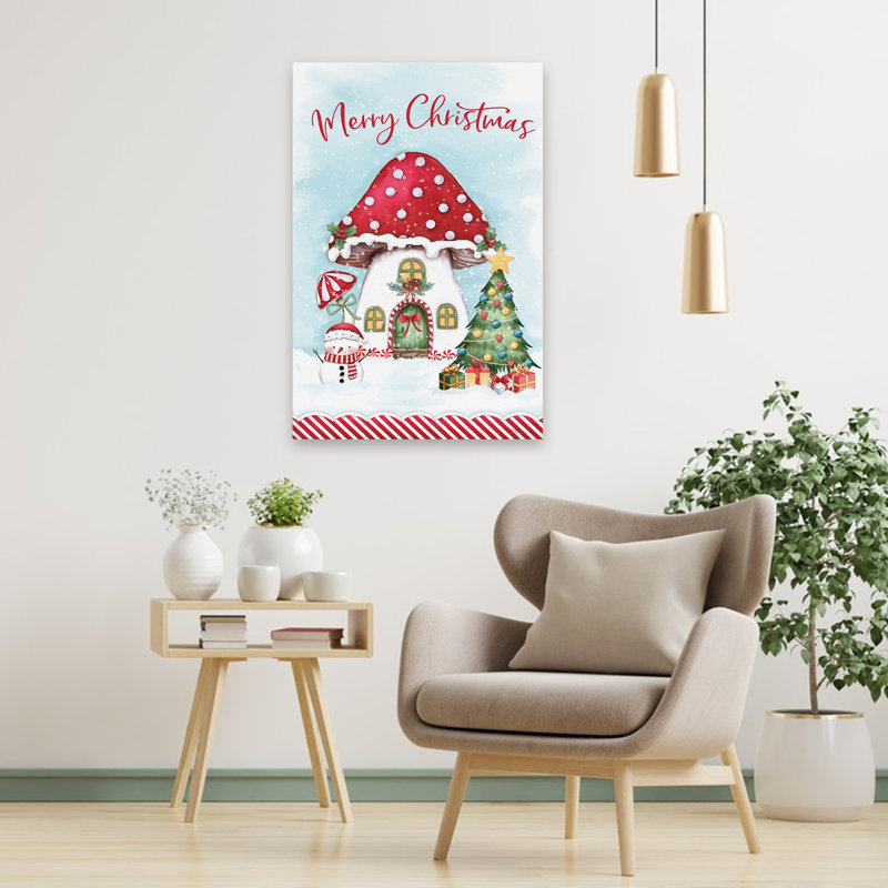 Mushroom House At Christmas - Art contemporain fantaisiste des Fêtes de Noël, H 36 po x l 24 po