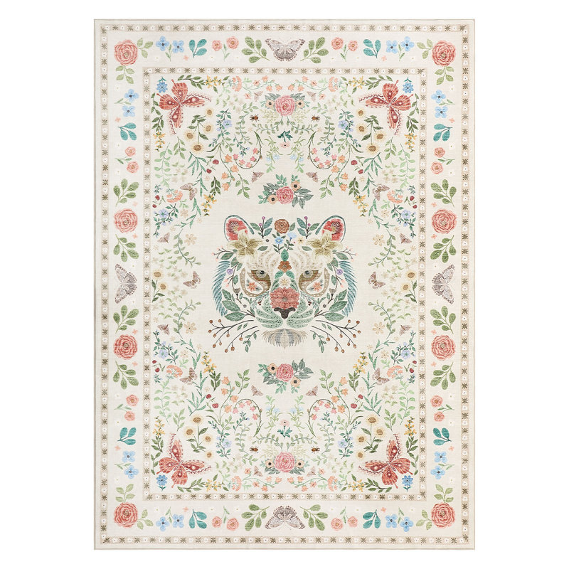 Tiger Print Machine Washable Rug Vintage Floral Soft Non-Slip Non-Shedding Low Pile Carpet for Living Room Bedroom Kitchen Dining Room