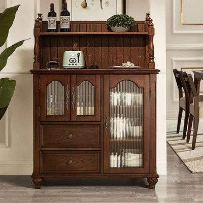 Tall Sideboard of Solid Ash Wood with Brown Reeded Glass Doors, Vintage Storage Cabinet with Dual Drawers, Display Cabinet for Wine, Tableware & Tea Utensils