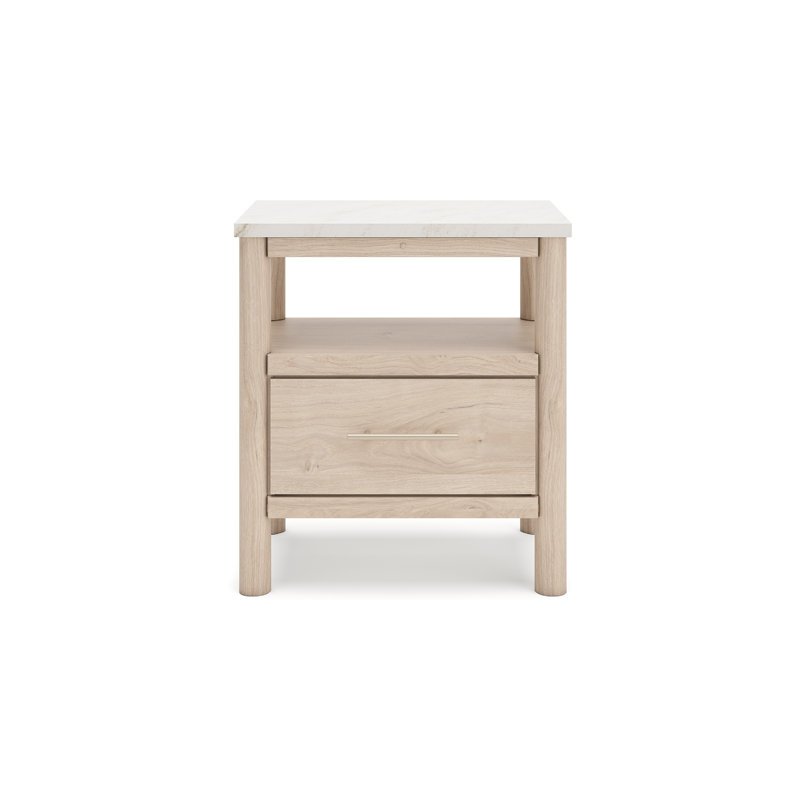 Table de chevet Mooran, 1 tiroir avec USB, plateau en marbre blanc, Beige brun