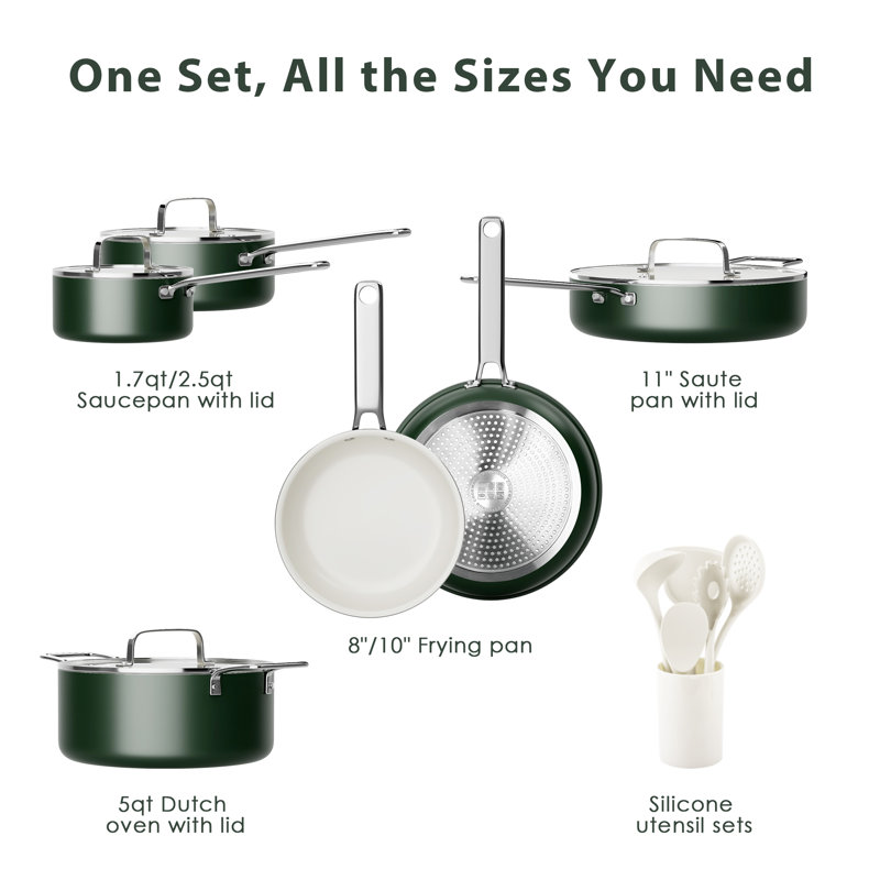 Caannasweis 15 Pieces Ceramic Cookware Set Nonstick Pots and Pans Set, Induction Cooktop Compatible, Green