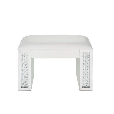 Tabouret de coiffeuse en similicuir ivoire Nysa avec accents en miroir et faux cristaux - Tabouret de maquillage élégant pour la chambre à coucher (assemblé)