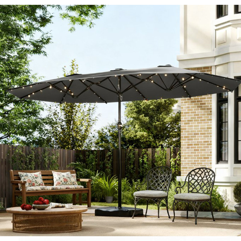 Parasol à double face facile à utiliser avec base, parasol de patio avec lumières solaires à DEL, parasol à double face Parasol