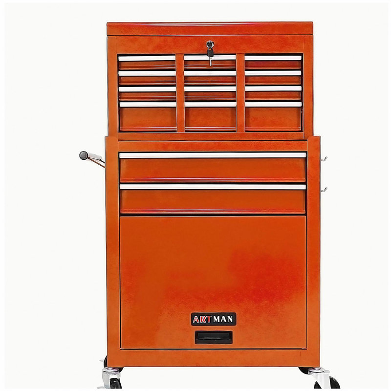 Coffre à outils roulant à grande capacité avec roulettes et tiroirs, armoire de rangement pour outils à 8 tiroirs - Orange