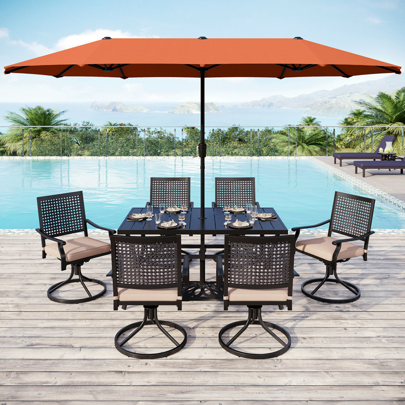 Aivo 6 - Person Stainless Steel Patio Dining Set Umbrella Hole Included Rectangular Table with Cushions Included