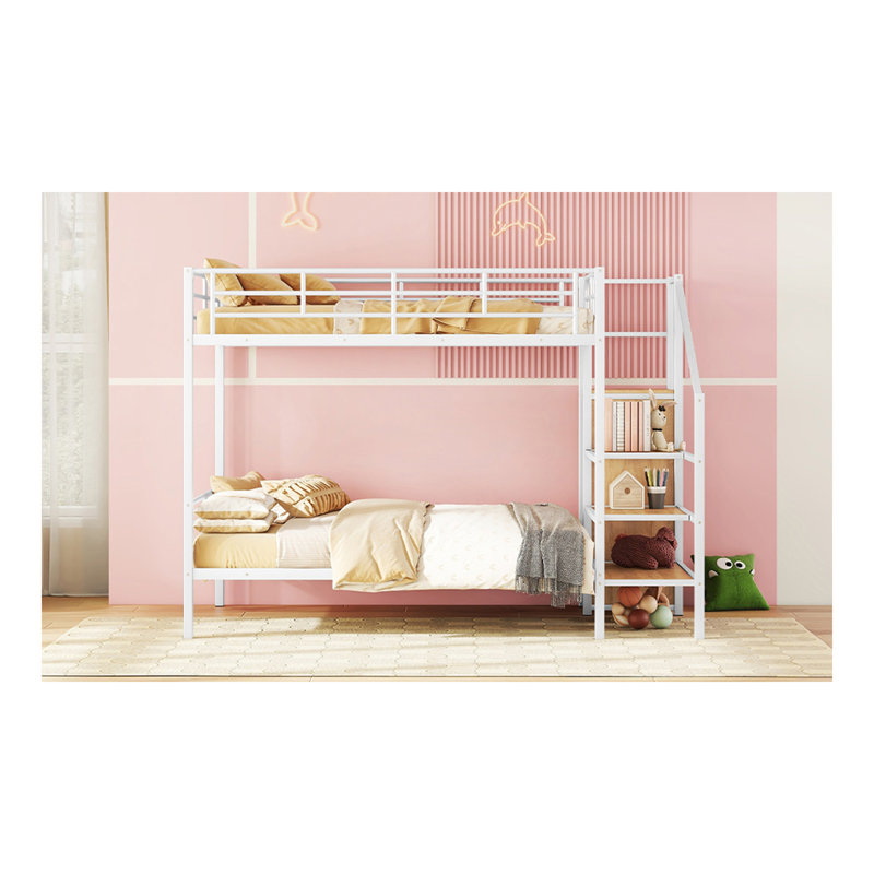 Lit superposé double en métal avec échelle de rangement latérale et garde-robe, blanc, Blanc