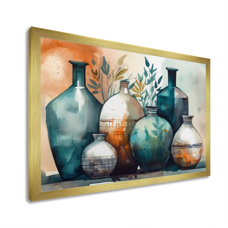 «Keitha Green and Orange Artisanal Boho Pottery II», reproduction sur toile, Encadrement doré, H 16 po x l 32 po x P 1 po