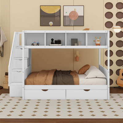 Kids Twin Over Full Bunk Bed with Shelves, Storage Staircase and 2 Drawers by QSG