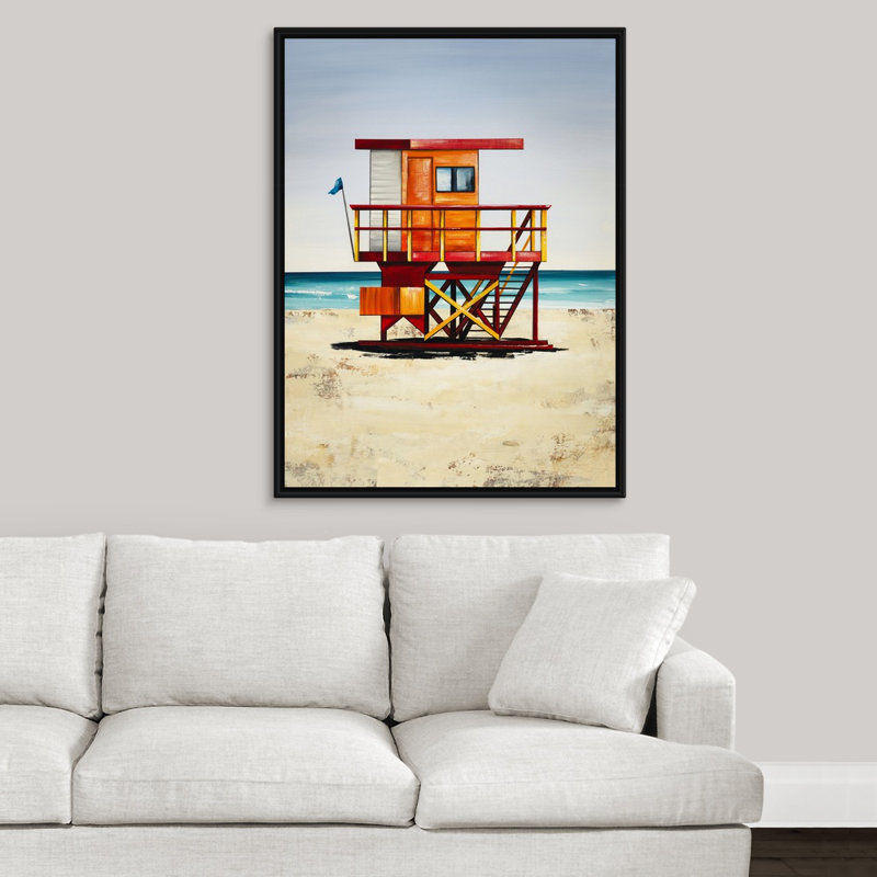 « lifeguards on duty iii », peinture sur toile, H 41,7 po x l 31,7 po x p 1,75 po, Cadre flottant noir