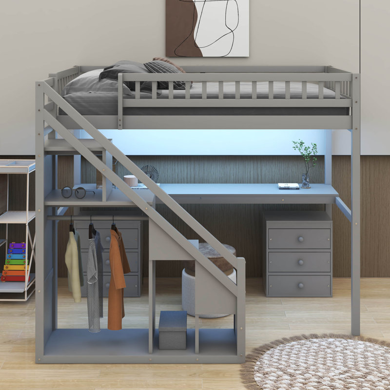 Lit mezzanine simple avec deux commodes, bureau et bande lumineuse, Simple, gris