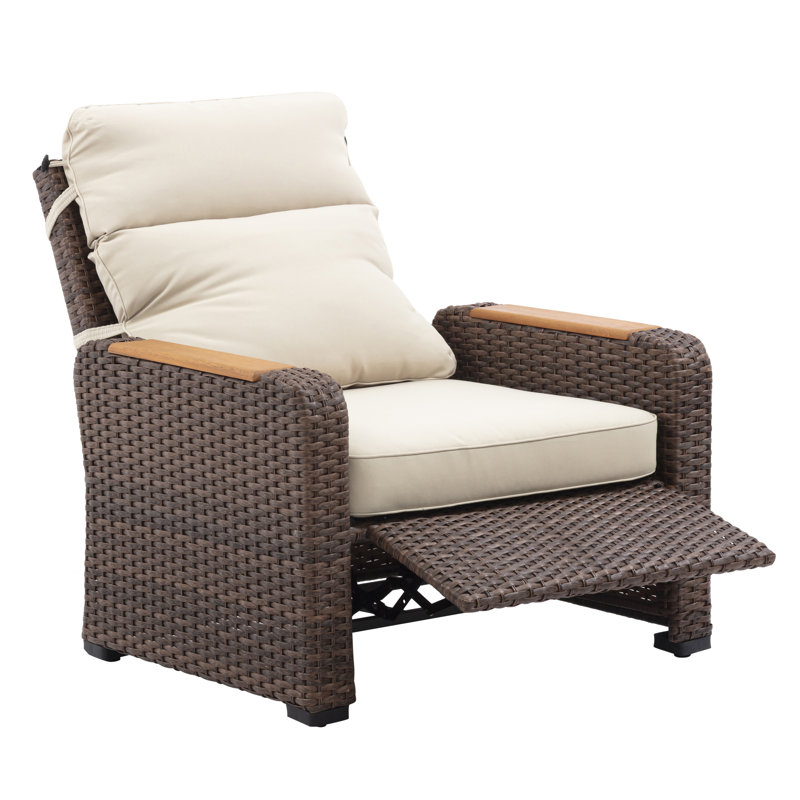 Ensemble de fauteuil inclinable 3 pièces avec coussins et table, osier résistant aux intempéries et accoudoirs en bois d'eucalyptus