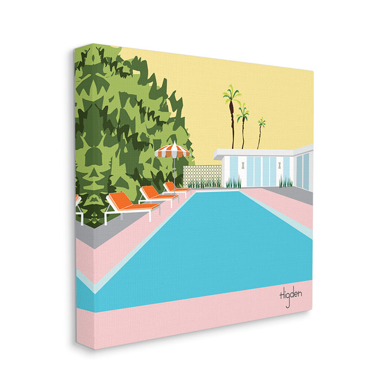 «Tropical Poolside Scene Yellow Palm Sky» par Mark Higden - impression d'art graphique, H 17 po x l 17 po x P 1,5 po