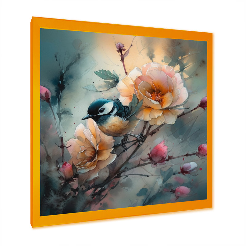 «Blue Little Bird On Rose Tree Banch I», reproduction d'art sur toile, H 36 po x l 36 po x P 1,5 po